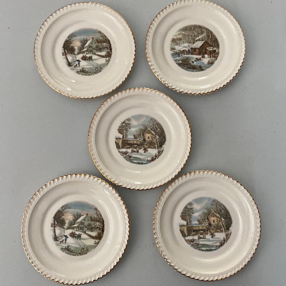 Vintage Harkerware Currier & Ives Christmas plates Winter Scene Cake & Dessert
